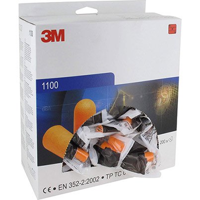 Box of 3M 1100 Ear Plugs 200SNR37, partially open to display individually wrapped orange earplugs inside. The packaging features product details, a high noise reduction rating of SNR37, and is decorated with a distinctive spiral graphic design.