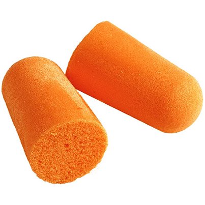 A close-up image displays two orange 3M 1100 Ear Plugs from a box of 200, with one standing upright and the other lying on its side to show their cylindrical shape and soft porous texture.