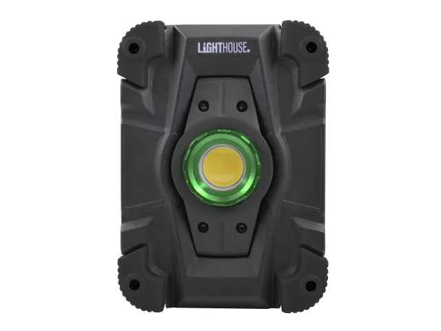 A rugged, black rectangular work light with a central green-rimmed LED lens and four visible screws.