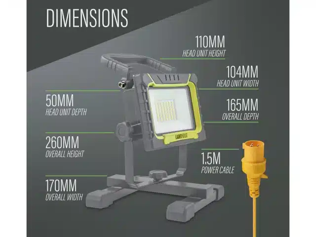 Portable LED work light showing its measurements: height 170mm, width 104mm, depth 50mm, overall height 260mm, head unit height 110mm, head unit width 165mm, along with a coiled yellow power cable measuring 1.5 metres.