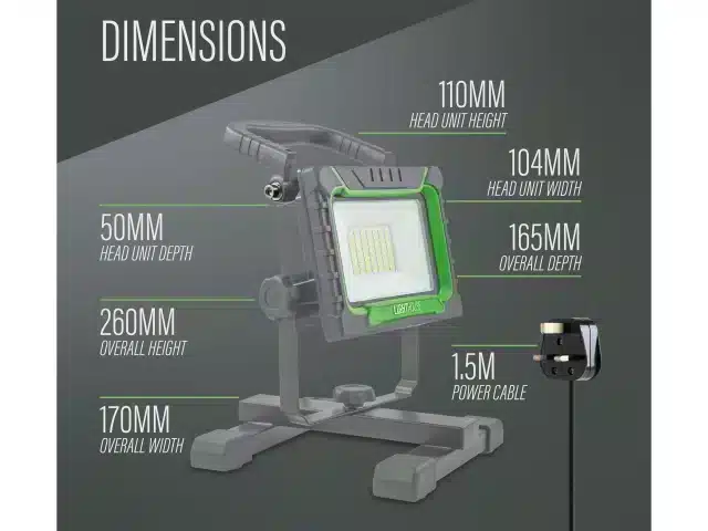 Portable LED work light with handle, displaying its size: 260mm overall height, 170mm width, 50mm depth, with the head measuring 110mm high, 104mm wide, and 165mm deep; includes a 1.5m power cable and UK plug.