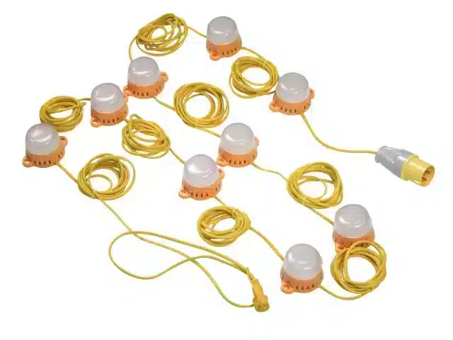Twelve round yellow and white LED lights connected by yellow cables, arranged on a white background, with a large connector at one end.