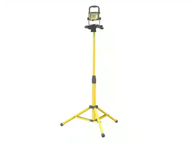 A yellow tripod work light stand with adjustable height and a small rectangular LED light fitting on top.