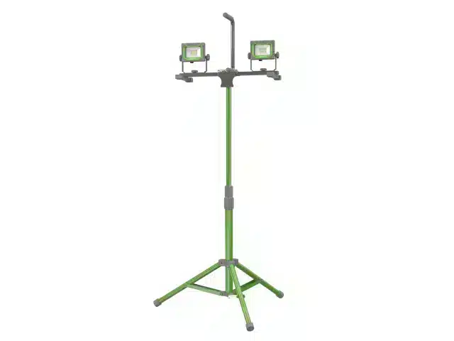 Green tripod stand featuring two rectangular LED work lights mounted at the top, with adjustable height and a central handle above the lights.