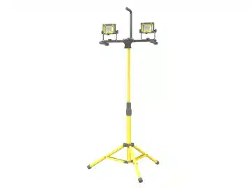 A yellow tripod work light stand featuring two adjustable LED floodlights mounted on top and a handle for easy carrying.