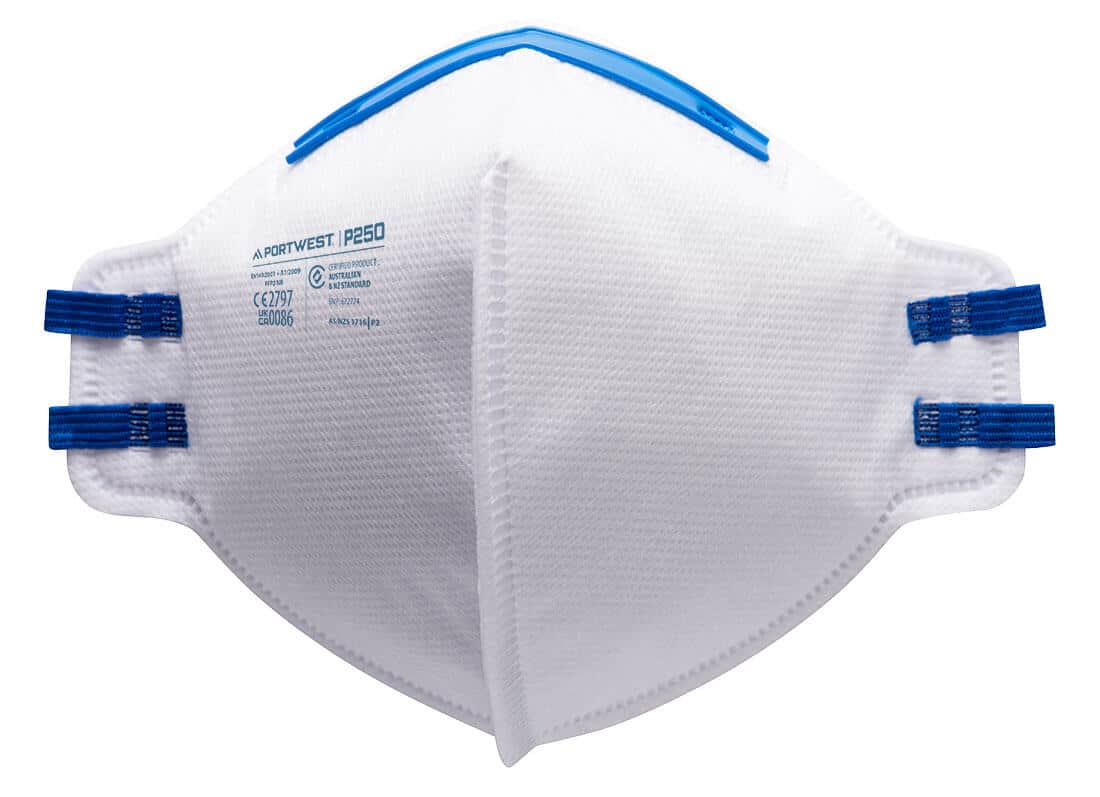 A P250 - FFP2 Fold Flat Respirator (Pk20) in white, featuring blue straps and a blue nose clip, is shown lying flat. This fold-flat mask delivers reliable protection and comfortable wear.
