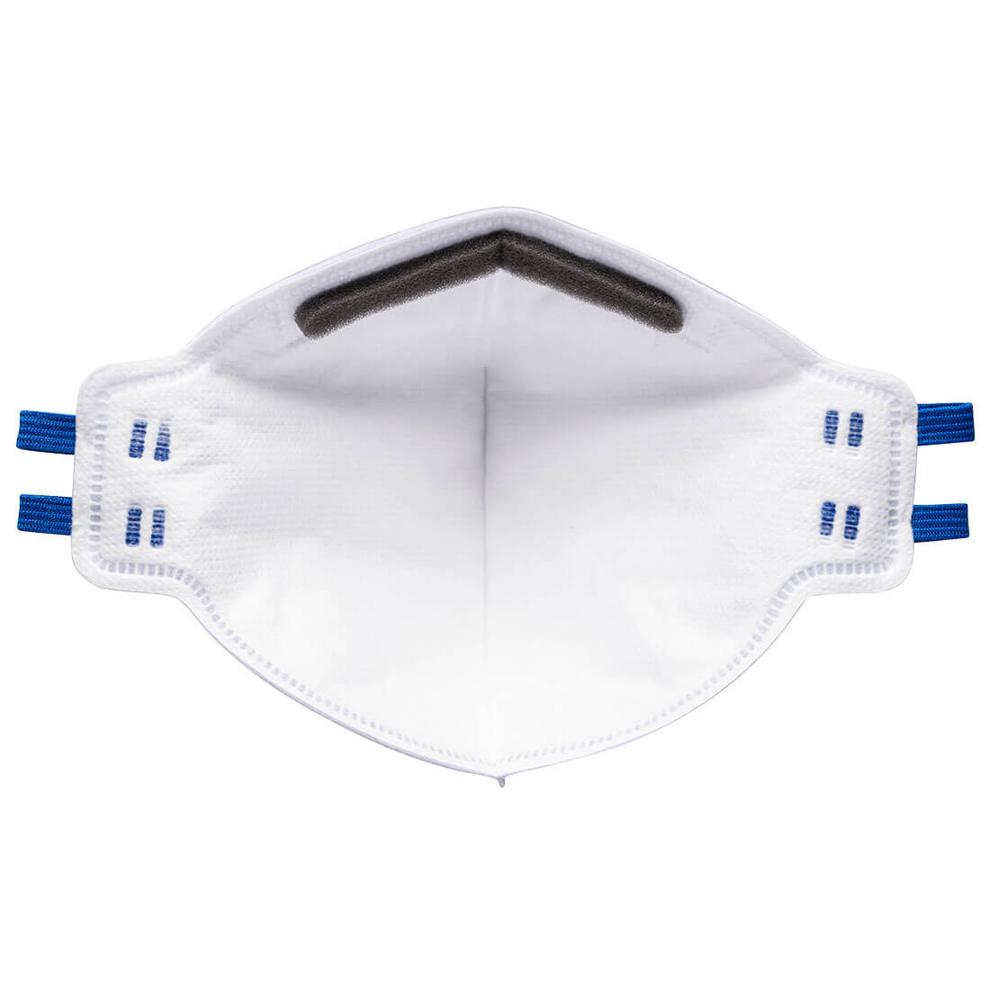 A close-up view of the P250 - FFP2 Fold Flat Respirator (Pk20) in white, featuring two pairs of blue elastic straps and a black foam strip inside for comfort. The mask is shown unfolded, displaying its interior.