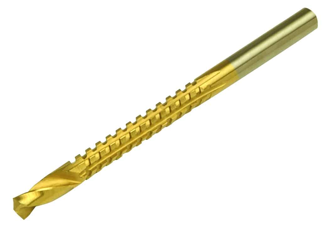 A close-up of a gold-coated, long, straight-shank cutting tool with spiral flutes and serrated edges—characteristic of TC Tin Coated Jobber Drill Bits, used for machining or drilling.