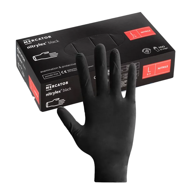 A black nitrile glove is worn on a hand in front of a box of Nitrylex Black Disposable Nitrile Gloves, which contains large-sized examination gloves.