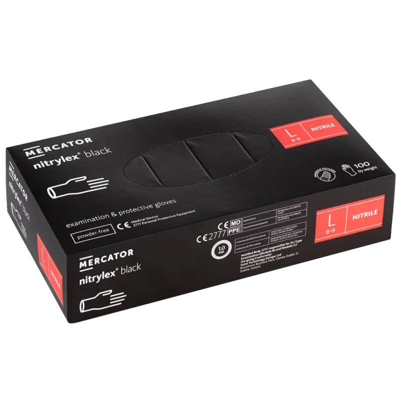A box of Nitrylex Black Disposable Nitrile Gloves, size large, containing 100 powder-free nitrile gloves.