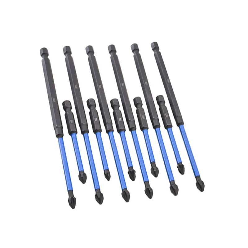 Eight black and blue Phillips screwdriver bits laid out in a neat, slightly angled row on a white background.