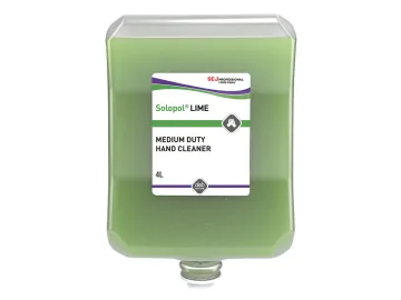 A 4-litre Solopol® Lime Medium/Heavy-Duty Hand Wash Cartridge containing green liquid and featuring a front label, with a convenient bottom nozzle for easy dispensing.
