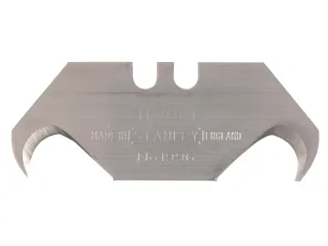 Silver, bat-shaped utility blade with two curved cutting edges and a flat top, featuring a central notch. Resembling hooked blades, this design is similar to the STANLEY 1996(100) KNIFE BLADES HOOKED 1-11-983.