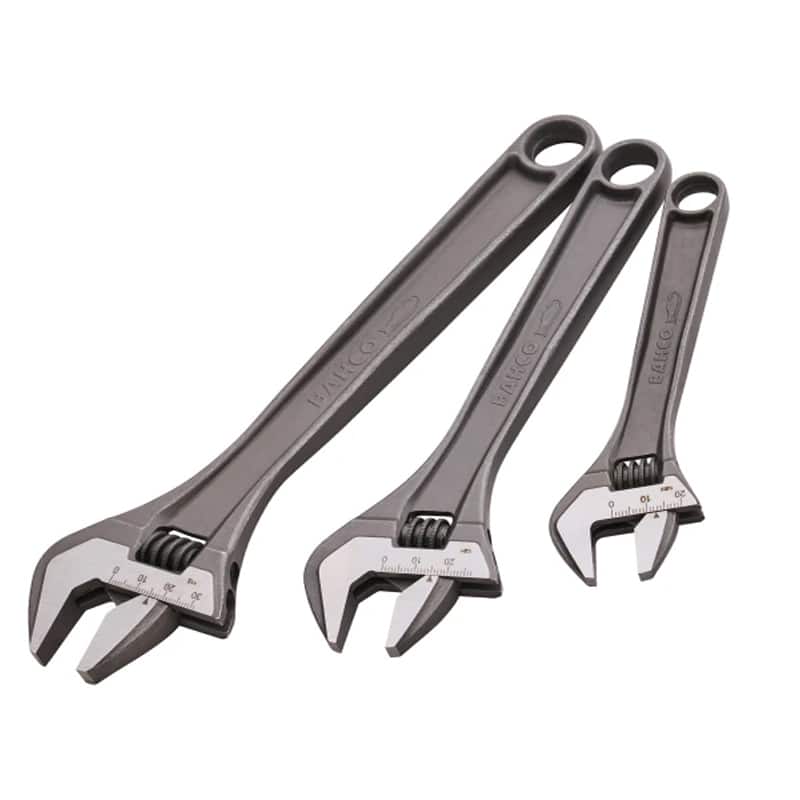 Three adjustable spanners of different sizes are arranged side by side on a white background. Each spanner has a silver jaw and a dark grey handle with a hole at the end for hanging.