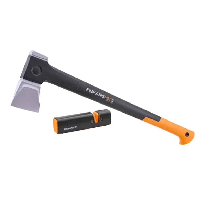 A Fiskars X21 axe featuring a black and orange handle, placed beside its matching black and orange blade cover.