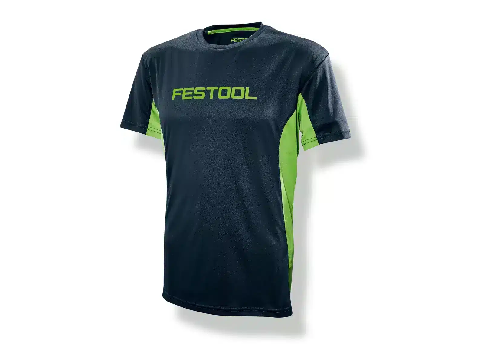 The Festool Tricot-FUN-FT1 T-Shirt features a dark blue short-sleeve design with green side panels, designed for fans of the FUN-FT1 series.