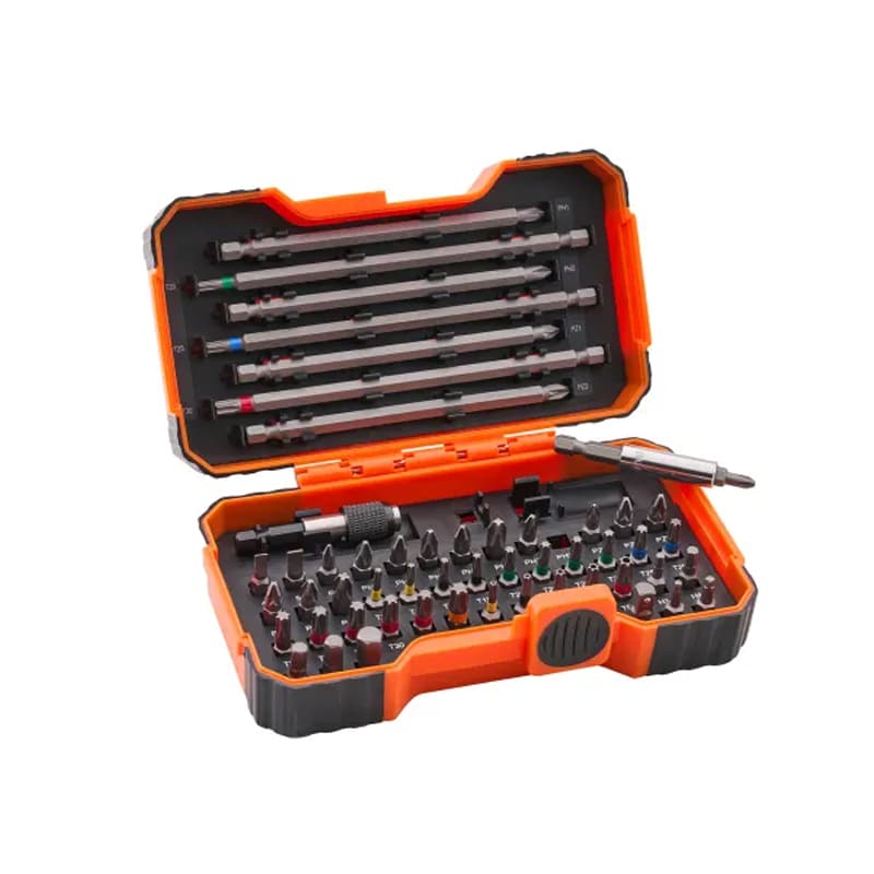 Orange plastic case holding multiple screwdriver bits and six long extension bits, organised in foam slots. The case is open, displaying the tools inside on a white background.