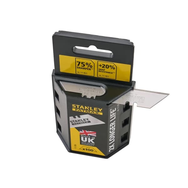 A pack of Stanley Fatmax utility knife blades in a yellow and black case, with one blade partially extended.