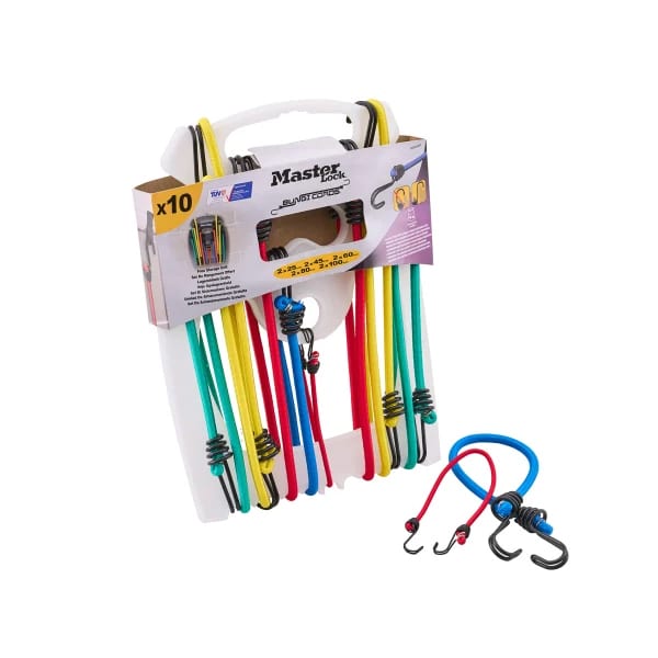 A set of ten colourful bungee cords with black hooks, organised on a white plastic holder. Two cords are shown separately in front.