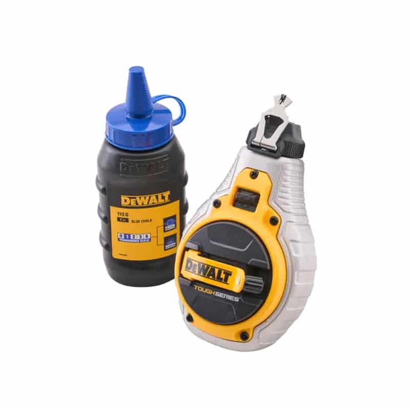 A DeWalt chalk line kit featuring a silver and yellow chalk line next to a black bottle of blue chalk powder, both standing upright on a white background.