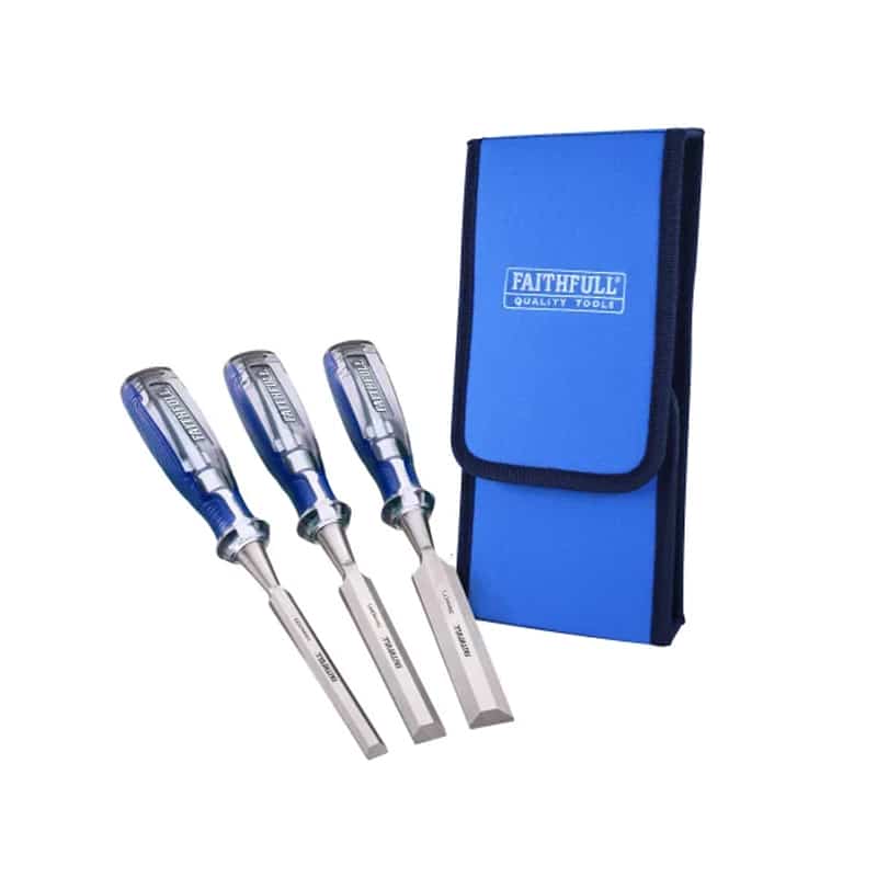 Three Faithfull brand wood chisels with blue handles are displayed next to a blue carrying pouch, all set against a white background.