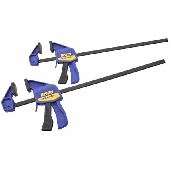 Two blue and yellow Irwin Quick-Grip bar clamps with black trigger handles and long metal bars are positioned parallel to each other on a white background.