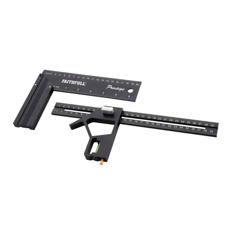 Black metal combination square with ruler markings, spirit level, and a protractor head, used for measuring and marking angles and lengths in woodworking or metalworking.