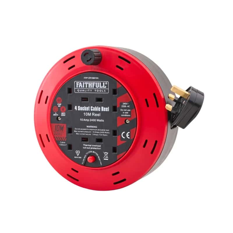A red and black Faithfull 4 socket cable reel with a 10-metre cord. The plug is visible, and labels with specifications are on the front.