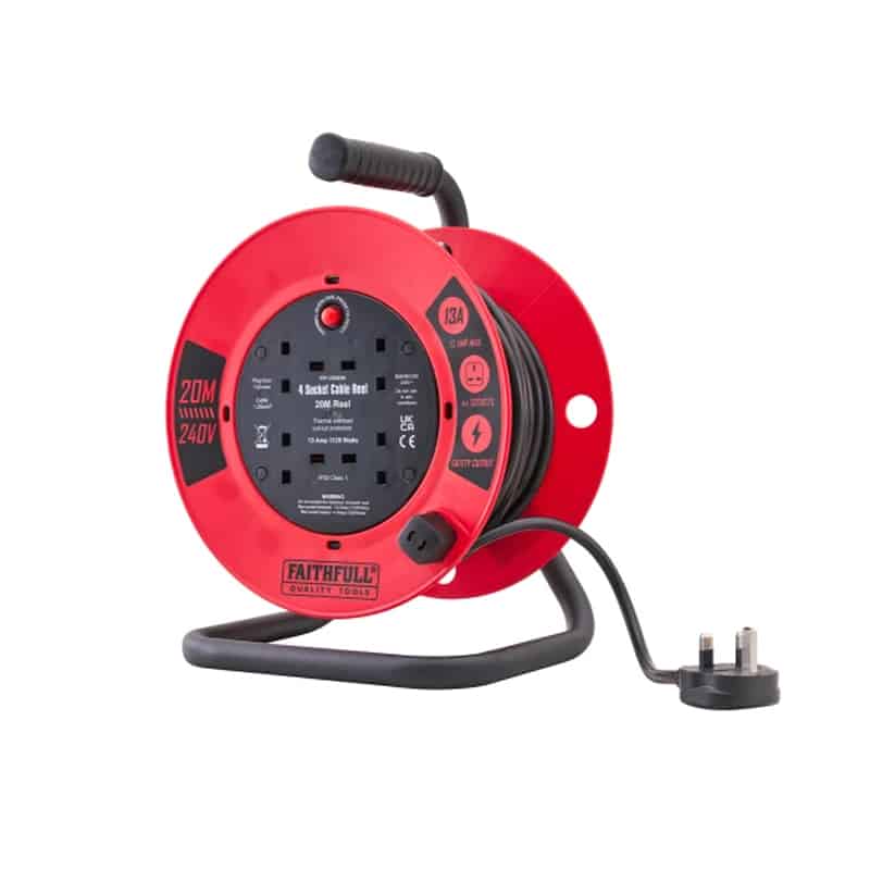 A red and black extension reel with a handle, 4 UK power sockets, 20-metre cable, and a plug. The reel is mounted on a metal frame. Safety features and specifications are visible on the front.