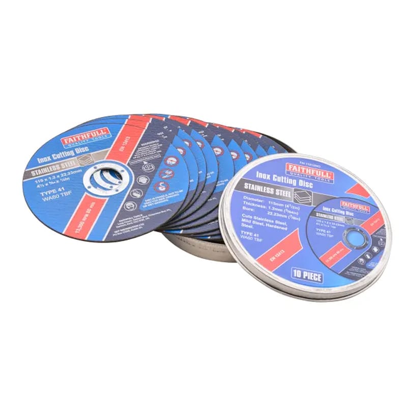 A stack of round, blue and red stainless steel cutting discs, with one disc upright and the others fanned out behind, next to a shallow metal tin.