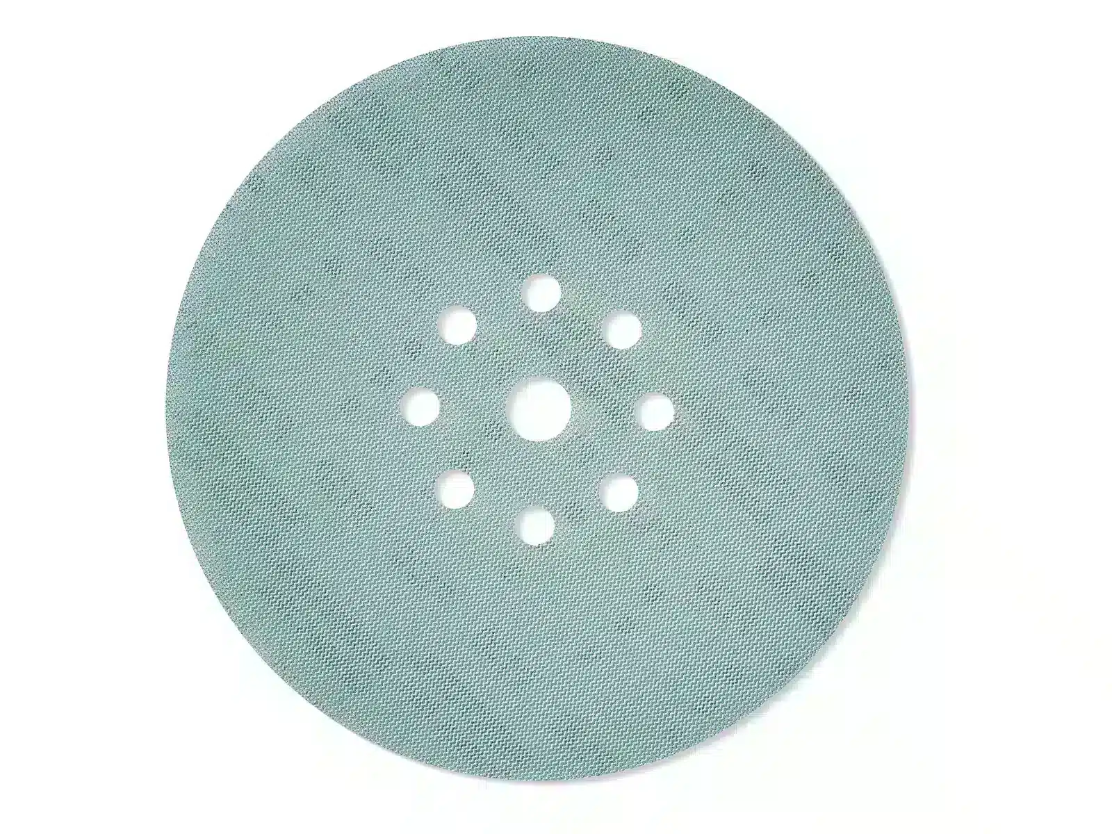 A Festool Granat Net Sanding Disc D225 with a round, greenish-blue appearance, a textured surface, and eight evenly spaced holes in the centre arranged in a circle, designed for efficient dust extraction and smooth use with Festool sanding systems.