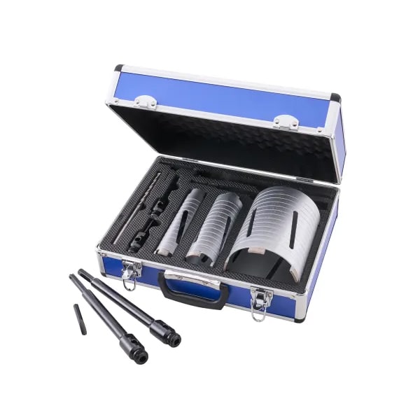 A blue and silver metal case with a black handle, open to display curved metal gauge blocks and rods nestled in fitted foam, all used for measuring tasks. Two rods and a small part rest outside the case.