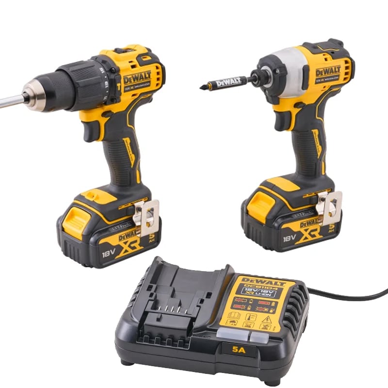 Two yellow and black DeWalt power tools, a drill and an impact driver, with rechargeable batteries, alongside a black charging station with a power lead.