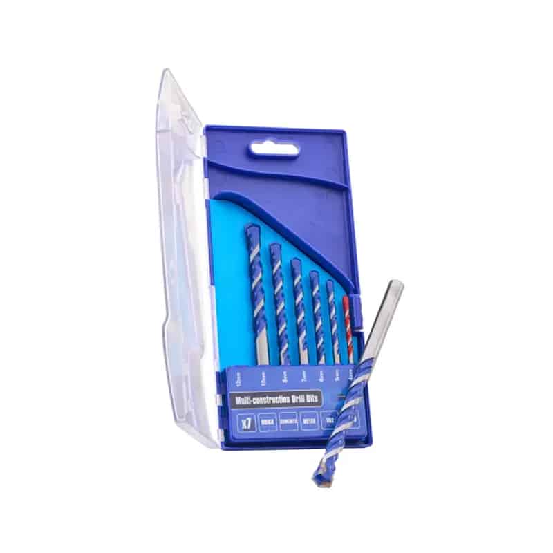 A blue plastic case holds seven blue and silver drill bits of varying sizes. One drill bit is placed in front of the open case.