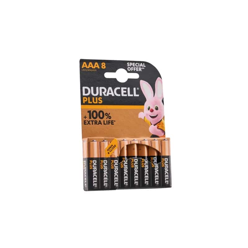 Duracell Plus AAA 8-pack batteries in black and copper packaging with a pink bunny mascot, on a white background.