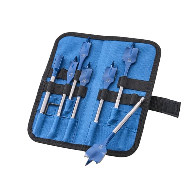 A blue tool pouch holds six flat wood drill bits of different sizes, with one bit positioned outside its designated slot.