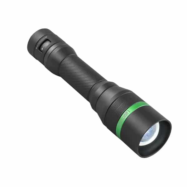 A black handheld torch with a textured grip and a green ring near the lens, positioned at an angle on a white background.
