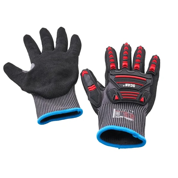 A pair of black and grey work gloves with blue cuffs, red protective knuckle padding, and textured palms. One glove displays the palm side, while the other displays the back side.