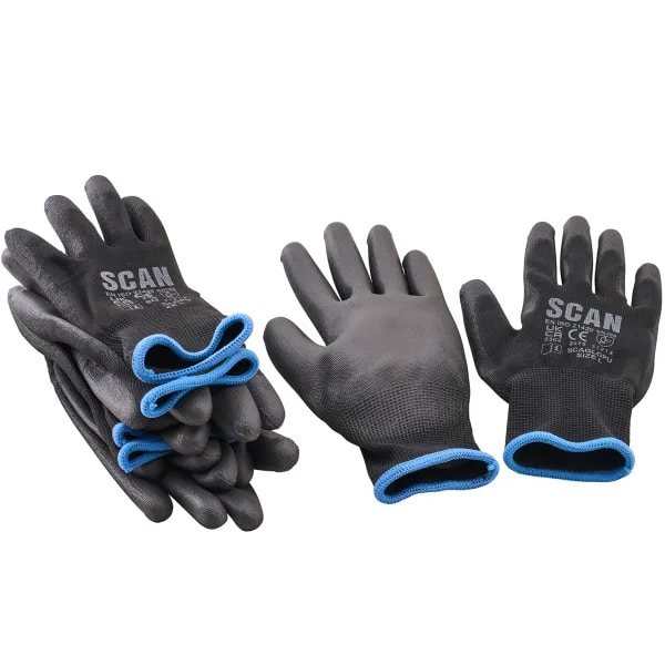 A stack of black work gloves with blue cuffs is next to a pair of similar gloves, palms facing upwards.