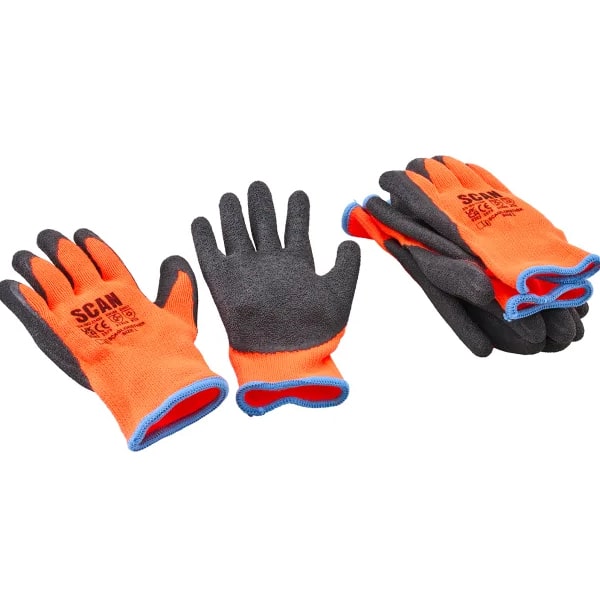 Three pairs of orange work gloves with black palms and blue trim; two pairs are stacked, and one pair is laid out with the palms facing up and down.