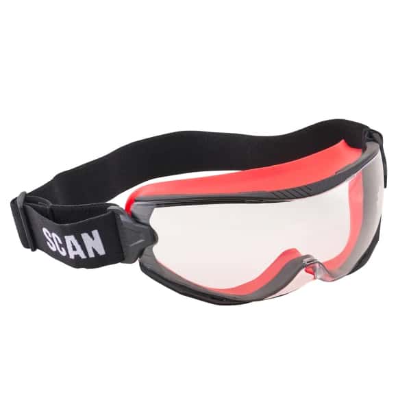 Clear safety goggles with a black adjustable strap and a red inner lining, designed for eye protection.