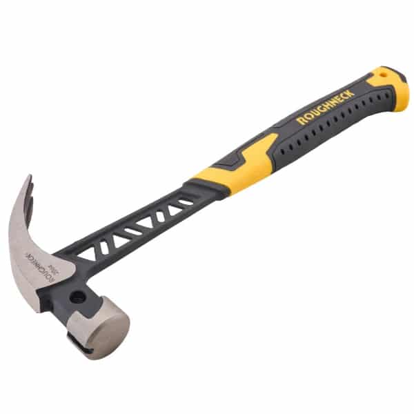 A claw hammer with a black and yellow handle. The metal head features a flat striking surface and a curved claw for pulling nails. The handle has a textured grip.