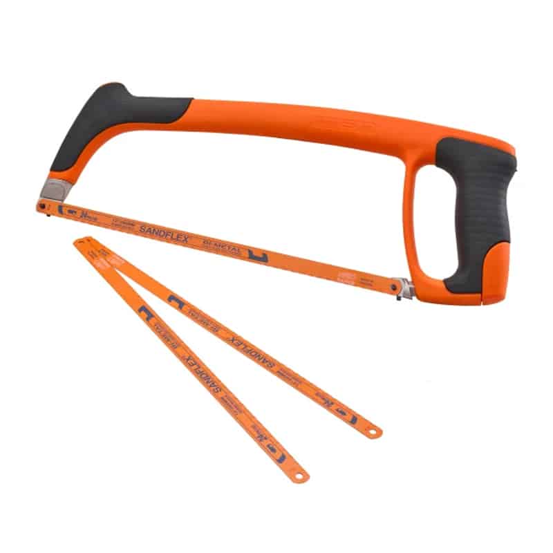 An orange and black hacksaw with an ergonomic handle is displayed next to two additional orange metal saw blades.