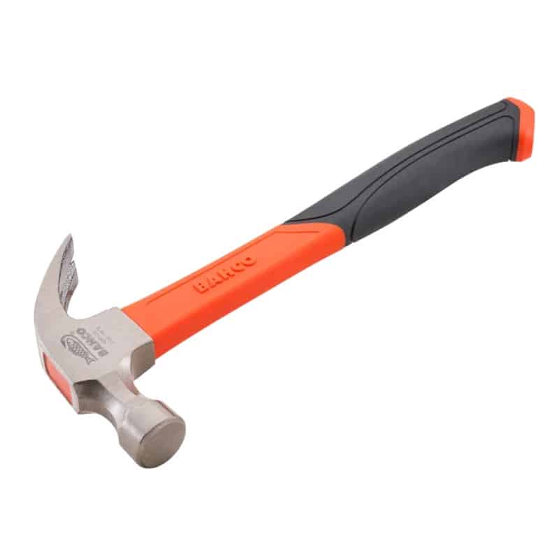 A claw hammer with an orange and black handle and a metallic head, positioned diagonally on a white background.