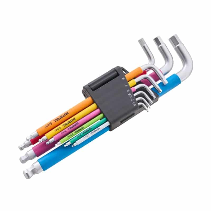 A set of colourful hex keys (Allen keys) in assorted sizes, organised in a black holder. Each tool features a rounded end.