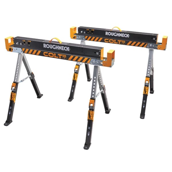 Two adjustable metal saw horses with a black, orange, and silver design. They have sturdy, angled legs and handles for portability, designed for supporting materials during construction or woodworking projects.