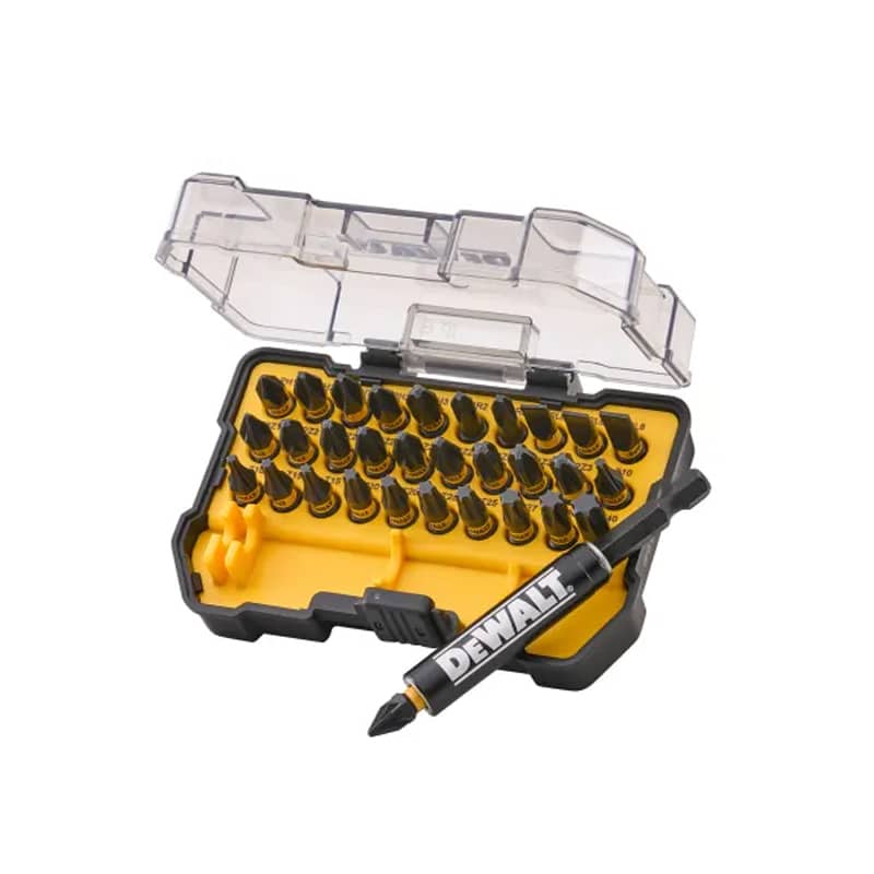 Bit set with a clear plastic lid, containing multiple screwdriver bits arranged in a yellow and black case, with one bit placed in front.
