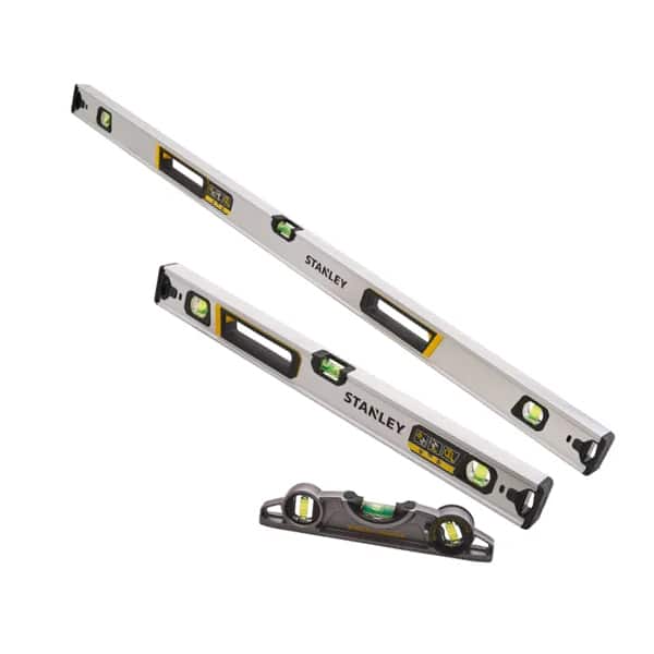 Three Stanley spirit levels in different sizes are displayed on a white background, each featuring green liquid vials for measuring horizontal and vertical alignment.