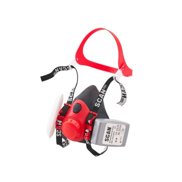 A red and black respirator mask with adjustable straps, featuring a white round filter on the left side and a grey rectangular filter on the right side, shown against a white background.