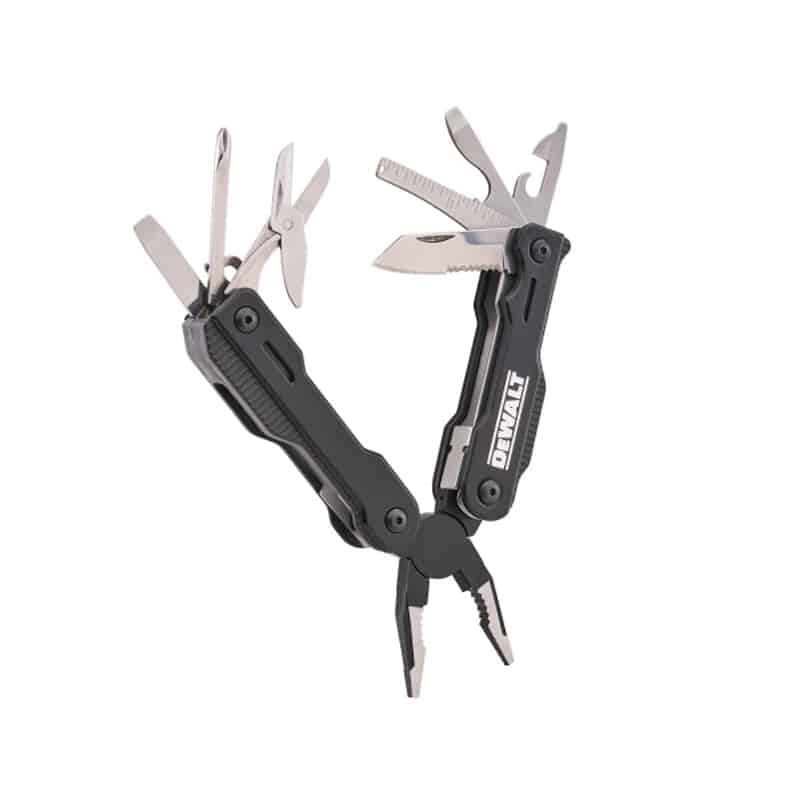 A black and silver multi-tool with pliers, knife, scissors, screwdrivers, and other fold-out tools extended on a white background.